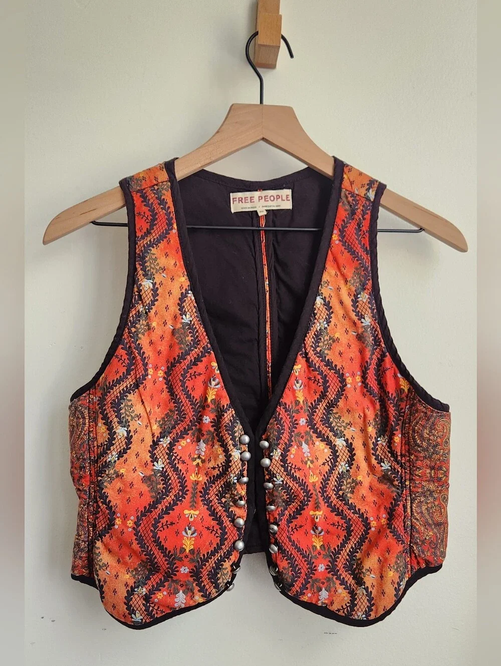 Vintage Free People Boho Patchwork Crop Vest X-Small Red Mixed Print Festival